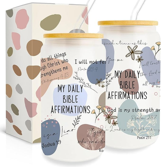Christian Gifts for Women Friendship, 16 Oz Drinking Glass Cup With Lid and Straw, Affirmations Christian Prayer Gifts With Bible Verses, Faith Religious Gift