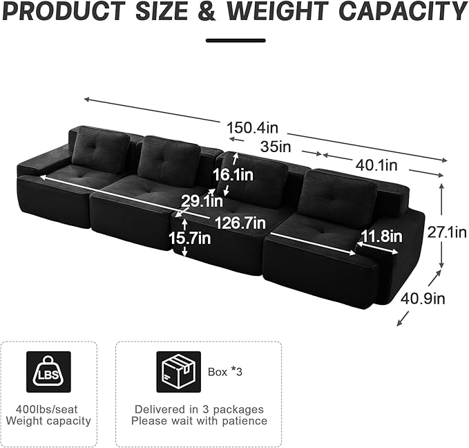 150" Modern Corduroy Cloud Sofa, Boneless Modular Large Sectional Couches for Living Room, Black 4 Seater Compressed Memory Foam Couch, Extra Deep Seat, No Assembly