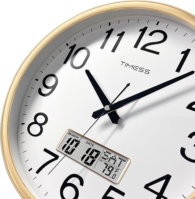 Wall Clock, 13 Inch Non-Ticking Silent Battery Operated Quartz Analog with LCD Display for Perpetual Calendar and F° Temperature, Ideal Modern Home, Bedroom, Kitchen, Office Decor (Gold)