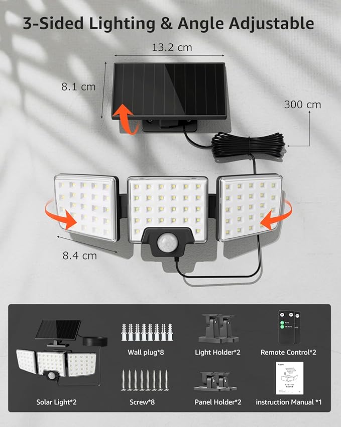 Lepro Solar Security Lights - Outdoor Motion Sensor, 2 in 1 Remote Control, IP65 Waterproof, 2 Light Modes, 3 Head Solar Floodlight for Garden, Yard, Garage