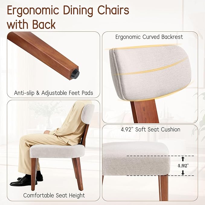 Dining Chairs, Mid-Century Modern Upholstered Kitchen Chairs with Curved Backrest and Linen Fabric Seat, Wood Leg Accent Chairs for Dining Room, Living Room, Bedroom, Linen Beige