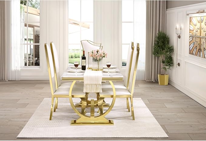 White and Gold Dining Chairs Set of 2, White Leather Dining Room Chair with Gold Polished Metal Legs, Glam Upholstered Kitchen Chairs for Dining Room, Kitchen, Living Room