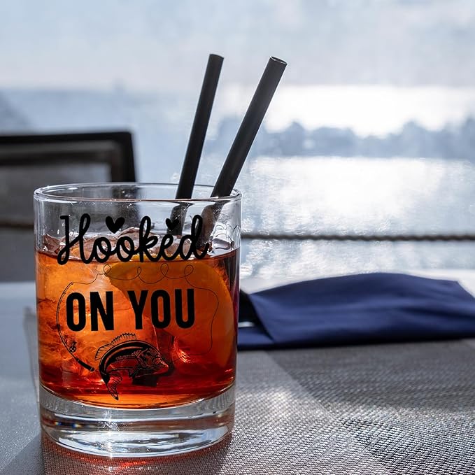 Fishing Lovers Gifts Old Fashioned Whiskey Glasses, Fishing Gifts for Couples, Hooked On You 10 oz Rocks Barware Cup for Cocktail Drinks Scotch Bourbon Liquor