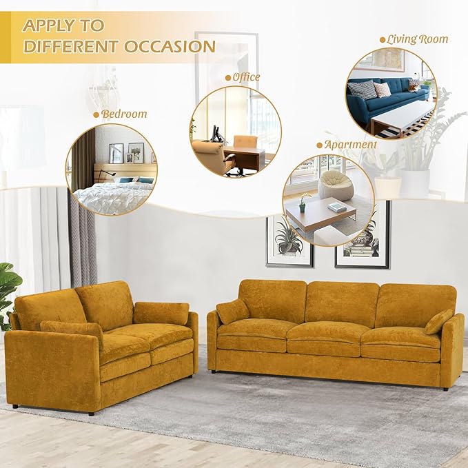 2 Pieces Chenille Sofa Set w/Throw Pillows, Upholstered Loveseat & 3 Seater Sofa w/Comfortable Back Cushions, Modern 2-Seat & 3-Seat w/High-Density Foam for Living Room, Apartment, Yellow