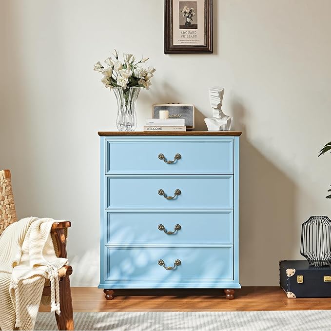 Farmhouse Furniture Sets, 24" Wide Farmhouse Nightstand Set of 2, 37" Tall Rustic Chests of Drawers w/ 4 Solid Wood Feet for Bedroom, LightBlue