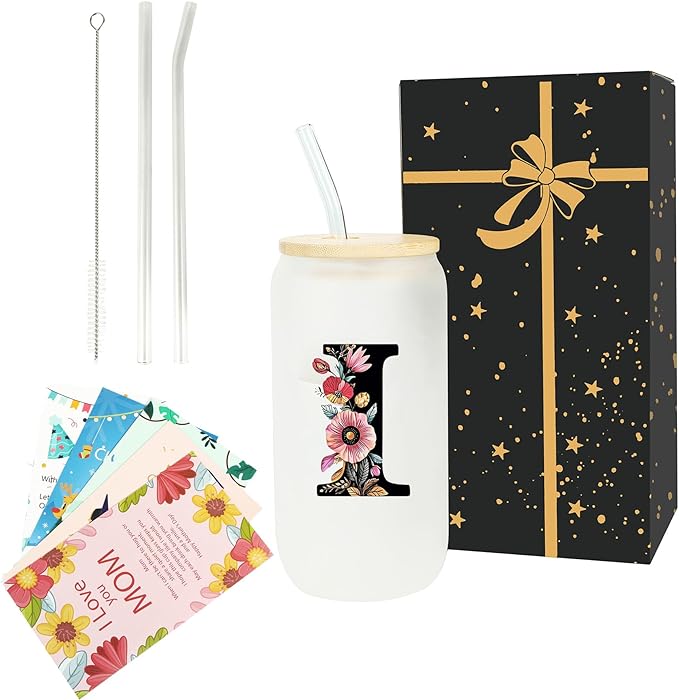 Monogrammed Glass Drinking Cup With Lid Straw Personalized Customized Post Cards Women Thank you Appreciation Gratitude Gifts Female Teacher End of Year School Bus Driver Nurse Pastor Team Mom,Gift I