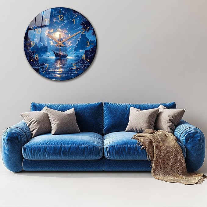 Extra Large Coastal Wall-Clock Sailing Boat Decor 20 Inch Blue Wall Clock Round Wooden Silent Clocks for Living Room, Office Wall Battery Operated