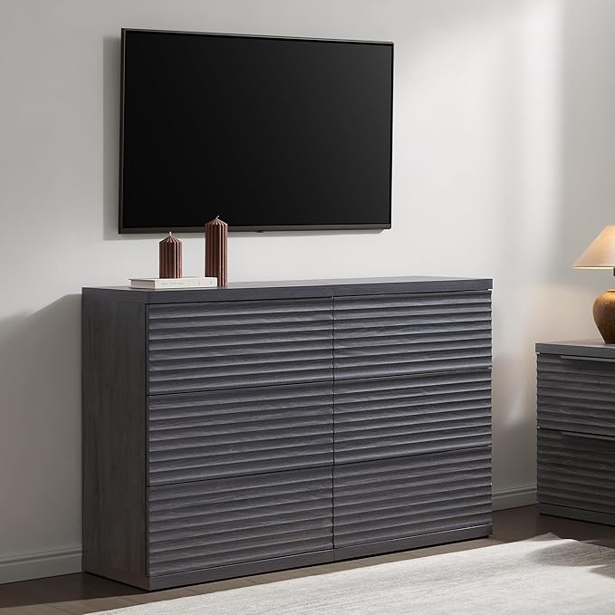 SICOTAS Sideboard Buffet Liquor Cabinet with Storage, Modern Fluted Credenza Coffee Bar Storage Cabinet with Larger Drawers, Mid Century Media Console for Kitchen Hallway, Dark Grey Alder (3 PCS)