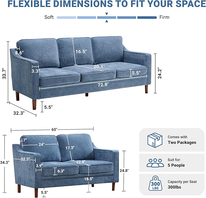 Kingfun Living Room Furniture Sets, 3 Seater Couch and Loveseat, Mid Century Modern Sofa Set, Chenille Couch with Solid Wood Frame for Living Room & Bedroom, Light Blue