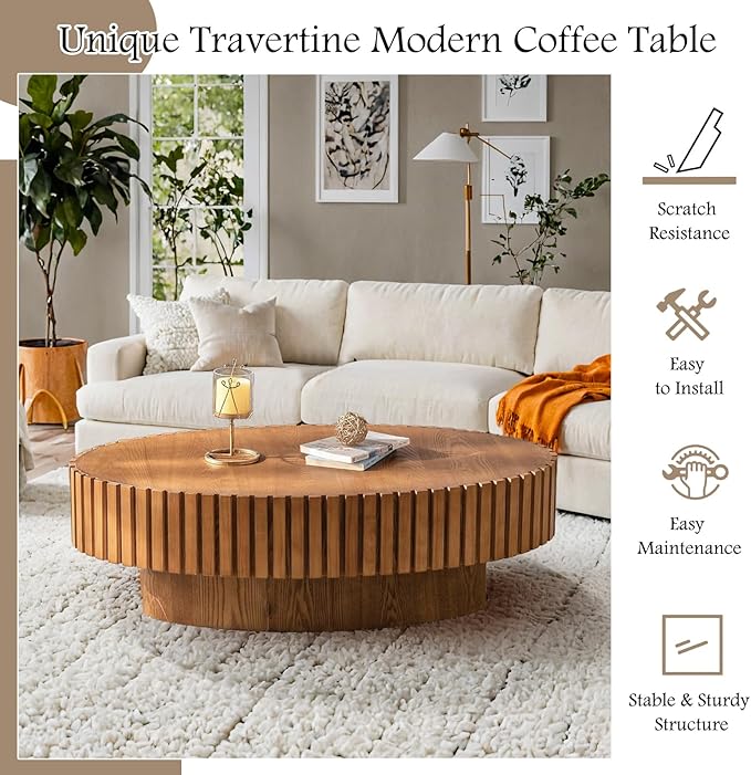 Fluted Coffee Table 43.3" Oval Wooden Coffee Tables Modern Handcraft Drum Coffee Table with Solid Wood Relief Sturdy Pedestal Accent Table for Living Room Home Office,Wood Color