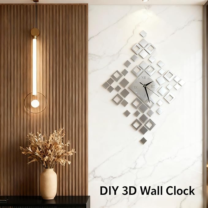 Frameless DIY Wall Clock – Large Modern 3D Mirror Wall Clock with Numbers Stickers, DIY Clock Kit for Home, Living Room, Bedroom, Office Wall Decor (Silver)