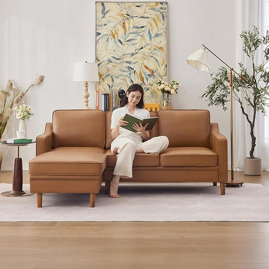 Kingfun 88" L-Shape Sofa, Faxu Leather Sectional Couch, Mid Century Modern Couches with Solid Wood Frame for Living Room & Bedroom, Brown