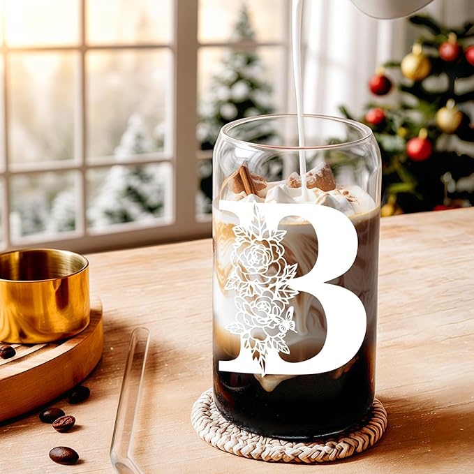 DWTS DANWEITESI Birthday Gifts for Women: Initial Glass Cup as Office Graduation Memorial Holiday Personalized Gifts - for Husband Aunt Uncle Teen Boy Employee Coworkers Him and Her - B Aesthetic Cup