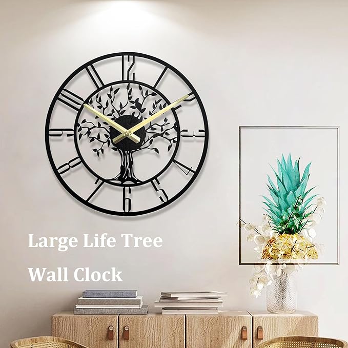 Large Tree of Life Wall Clock, Metal Large Modern Wall Clocks for Living Room, 18 in Oversized Battery Operated Silent Clock for Office,Living Room,Kitchen Decor