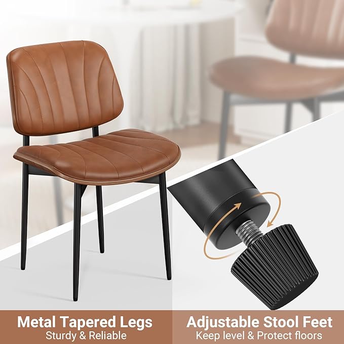 Dining Chairs Set of 2, Mid-Century Modern Upholstered PU Leather Chairs with Walnut Bentwood Back and Metal Legs Adjustable Feet for Kitchen Dining Room, Camel Shell Strips