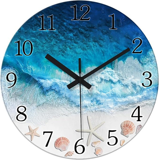 XNM Round Beach Battery Operated Wall Clock Decorative 14 Inch Bedroom Clock Analog Blue Coastal Wall Clock Silent