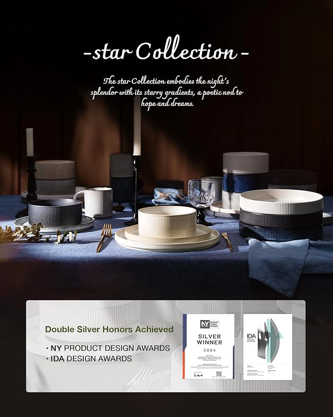 Famiware Star Dinnerware Set with Pasta Bowls, Service for 6 (24 Pieces), Ribbed Stoneware Plates and Double Bowls Sets - Chip & Scratch Resistant, Microwave & Dishwasher Safe Dishes, Nebulas Blue