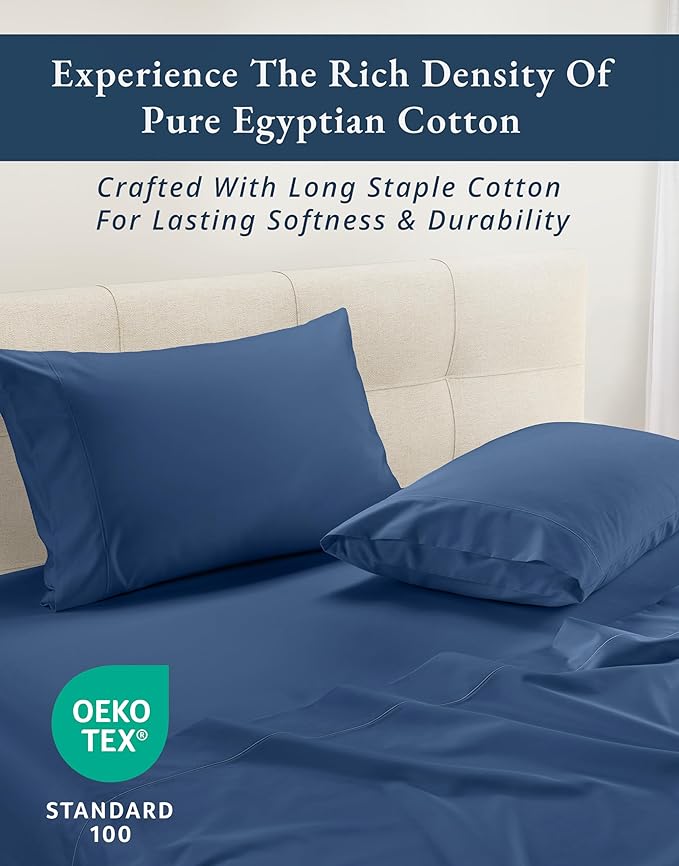 LANE LINEN 100% Egyptian Cotton Queen Sheet Set, Luxury Hotel Like Thick Fully Elasticized Mercerized Sheets Queen Size Set, No Pill Fade Resistant Bedding Sheets & Pillowcase Set - Sea Sail