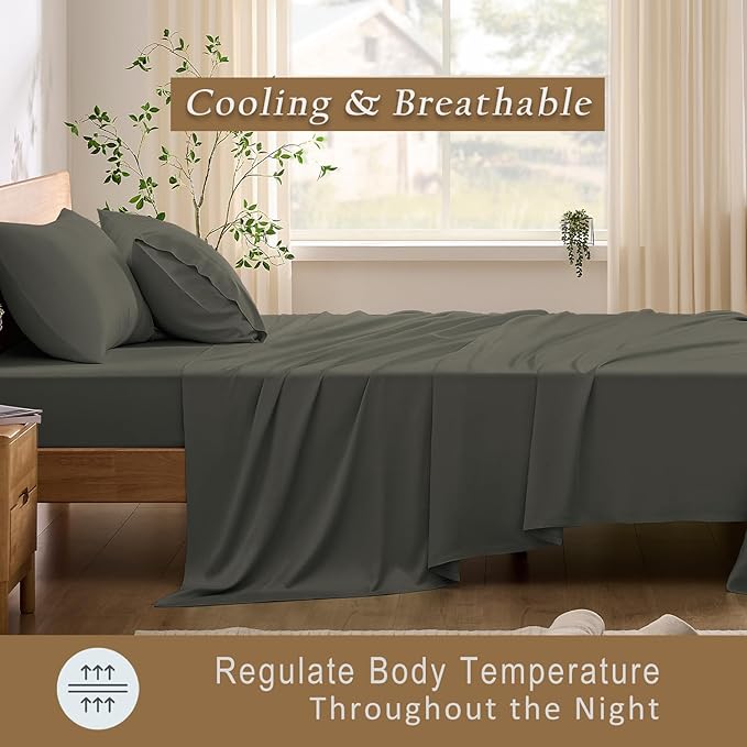 TOSMO Luxury Cooling Sheet Set - 100% Viscose from Bamboo, 3-Piece Bedding Set (Twin Size) - 18” Extra Deep Pockets, Oeko-Tex Certified, Silky Soft and Breathable, Charcoal