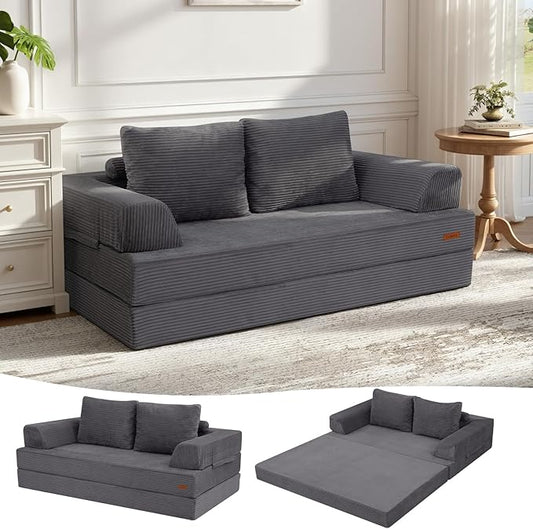 COMAX Convertible Sofa Bed, Folding Floor Couch Corduroy Fold Out Couch Bed Futon Sleeper Mattress with Pillows, Boneless Sofa Comfy Lounge Loveseat for Living Room Bedroom, Grey