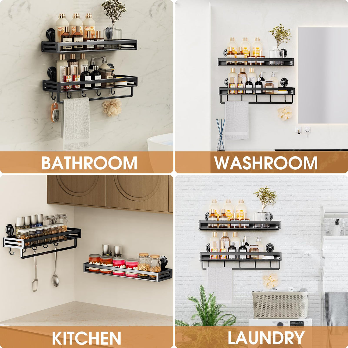 CIBOTIES Suction Cup Shower Caddy with 5 Hooks & Towel Rrack 15.7inch Black