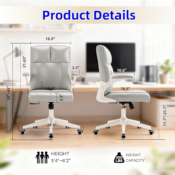Computer Chair, Ergonomic Home Office Desk Chair with Space Saving Flip-Up Arms, 360° Swivel & Reclining Back, High-Back Executive Chair in Soft Faux Leather Chair Multi-Angle from 90° to 135°（Gray）