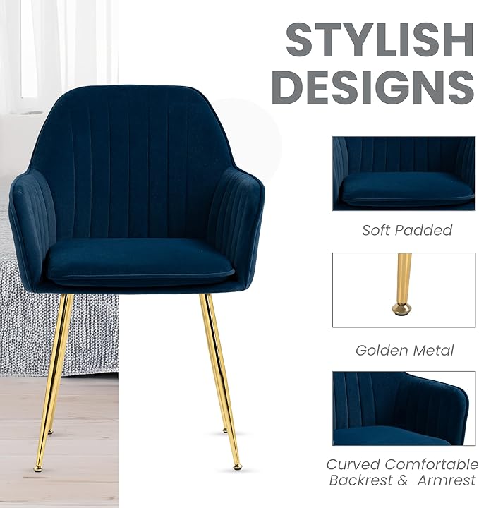 ECOTOUGE Matte Velvet Dining Chairs Set of 4, Modern Arm Chair with Golden Metal Legs, Living Room Accent Chairs for Kitchen, Blue