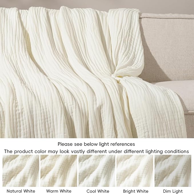PHF Cooling Muslin Blanket Twin Size 60"x80", 6-Layer Lightweight Gauze Blanket Made from 35% Rayon Derived from Bamboo & 65% Cotton, Breathable & Ultra Soft Cozy, Aesthetic Home Decor, Snow White
