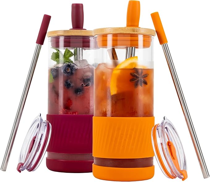 Pandaloo® Glass Cups With Lids and Straws -20 Fl Oz- Perfect Size Iced Coffee Cup - Smoothie Cup With Bamboo Lid and On the go Lid - Glass Tumbler (2 Count (Pack of 1), Boysenberry-Autumn Gold)