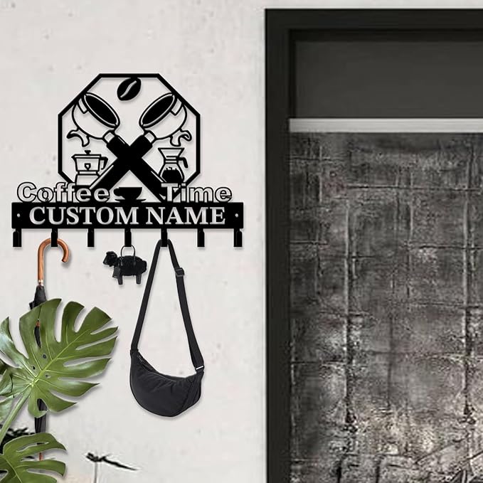Coffee Bar Keys Holder - Metal Iron Wall Hooks with Custom Name | Personalized Home Decor & Gift Idea | Coffee-Themed Text Engraving Design (Style I)