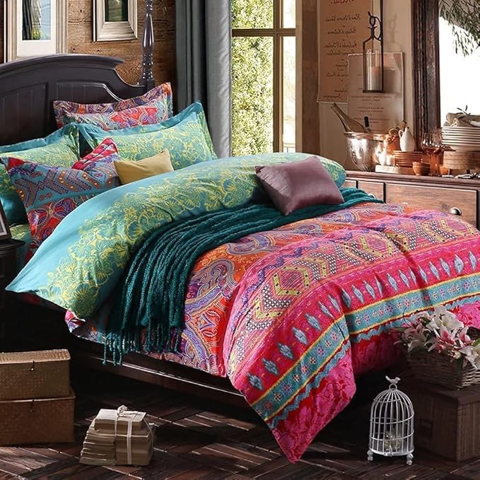 Queen Size Boho Comforter Set - 3 Pieces Lightweight Exotic Yellow Orange Mandala Colorful Retro Boho Comforter and 2 Pillowcases for All Seasons