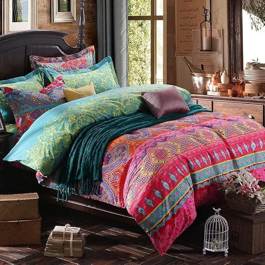 Boho Full Comforter Set Soft Chic 3 Pieces Bedding Full Comforter Set Lightweight Exotic Red Teal Bohemian Mandala Colorful Vintage Comforter Bed Set for All Seasons