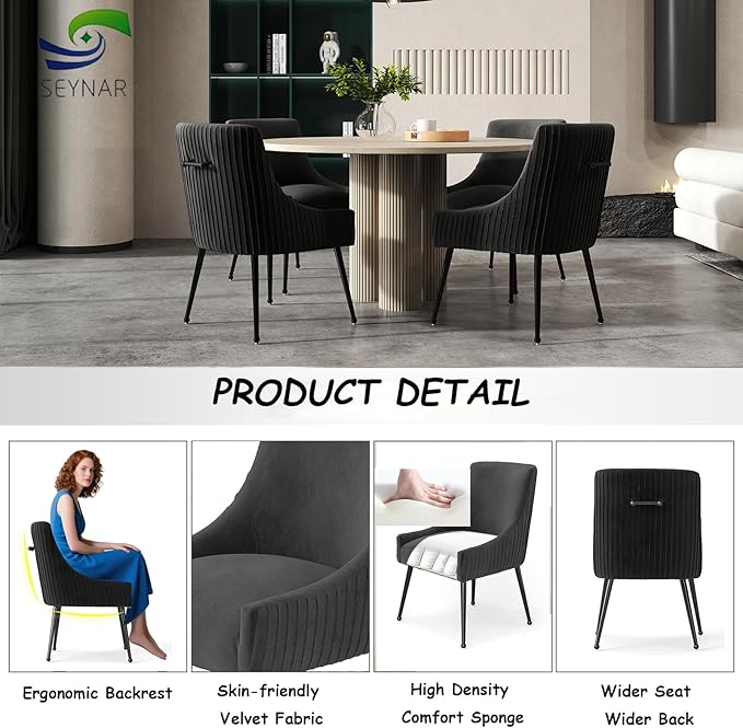 Velvet Dining Chairs Set of 2,Black Upholstered Living Room Chairs with Black Metal Legs, Modern Tufted Accent Chairs for Living Room, Study Room, Kitchen