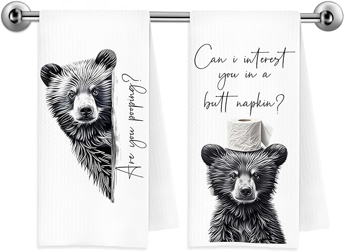 Funny Bear Hand Towels, Bear Bathroom Decor, are You Pooping Humorous Bears Animal Decorative Hand Towels for Bathroom Washroom Restroom Toilet, 16x24 Inch Set of 2