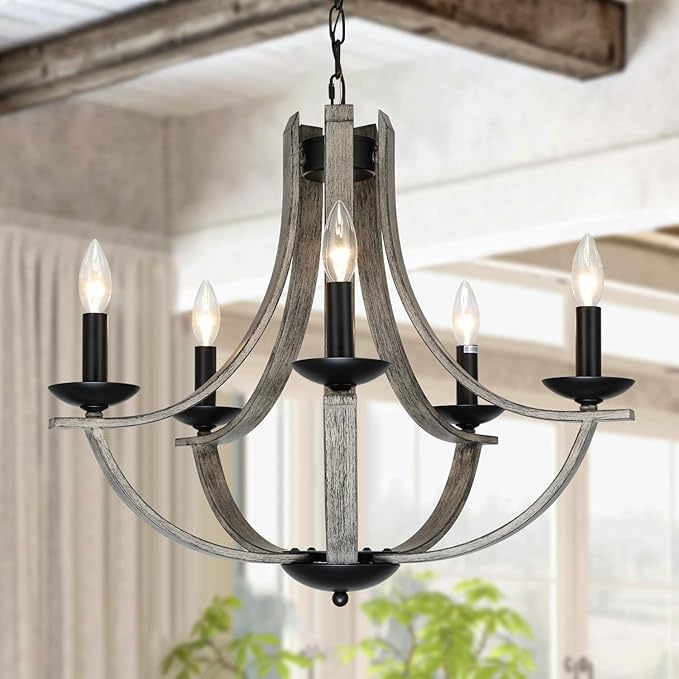 Farmhouse Chandeliers for Dining Room Light Fixture, 5-Light 24 inch Faux Wood Texture Hanging Lighting Fixtures,Rustic Candle Chandeliers for Living Room Kitchen Island Foyer Entryway