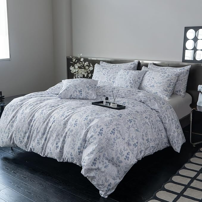Floral Comforter Set - 3 Pieces Soft Cute Bedding Comforter and 2 Pillowcases Garden Style Blue Flower Print Botanical Comforter Full for All Seasons