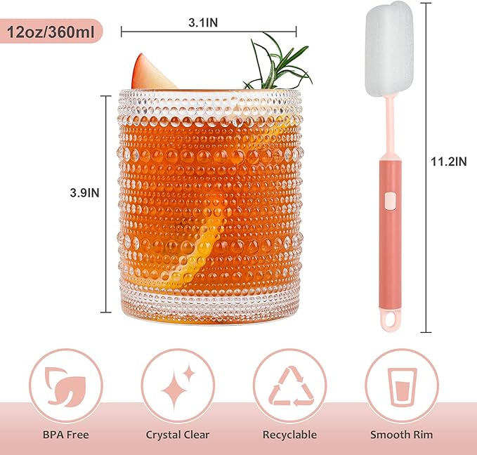 Vintage Glassware Drinking Glasses Set of 6,12 oz Hobnail Glass Cups,Embossed Clear Water Tumbler,for Beer,Cocktail,Whiskey,Juice and Various Mixed Drinks- 1 Cleaning Brush
