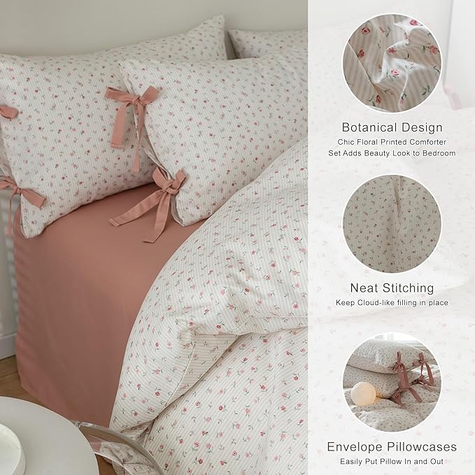 EAVD Cottagecore Pink Floral Comforter Set Twin XL Girls Soft Fluffy Microfiber 3-Piece Small Floral Print Bedding Set with 2 Pillowcases Garden Botanical Pattern Comforter Set for All-Season
