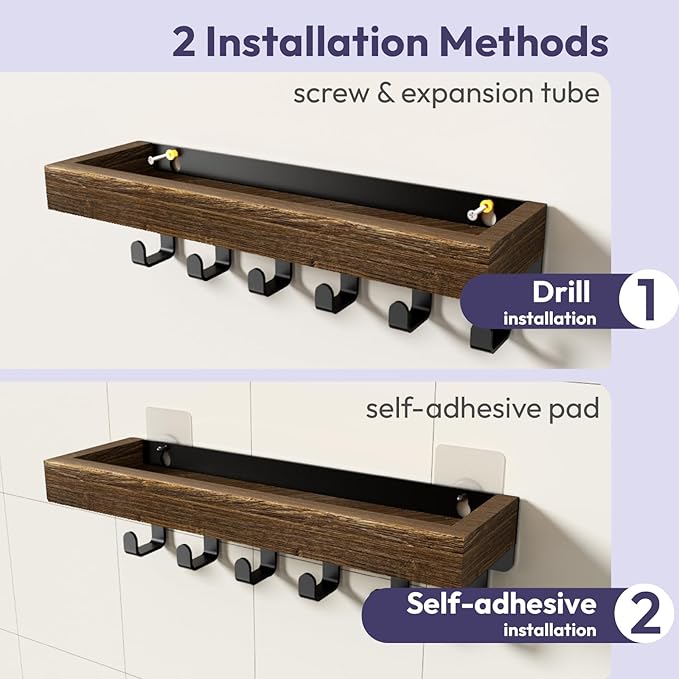 SWTYMIKI Key Holder Wall Mount - Wooden Key Hooks for Wall with Mail Organizer & 6 Hooks, 2 Installation Ways Key Hanger, Key Rack with Shelf for Entryway Living Room Bedroom Office Home Decor Brown