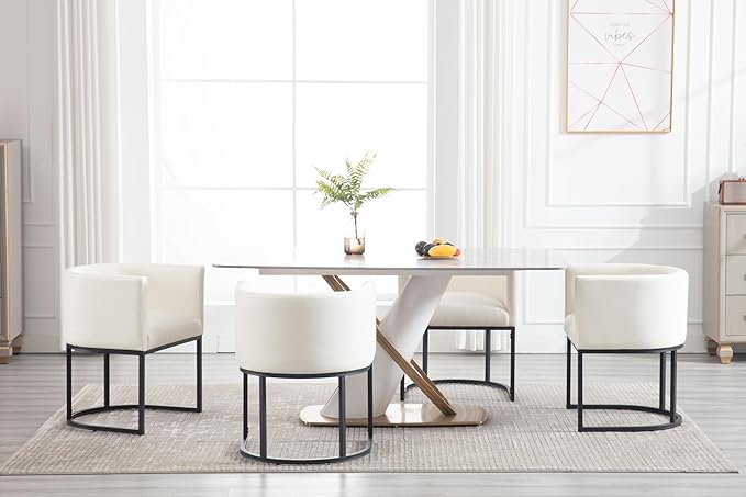 Faux Leather Dining Chairs Set of 4 Modern Barrel Arm Chairs with Black Metal Frame, Upholstered Kitchen Chairs 18.5" Wide Accent Chairs for Living Room Dining Room Restaurant, White