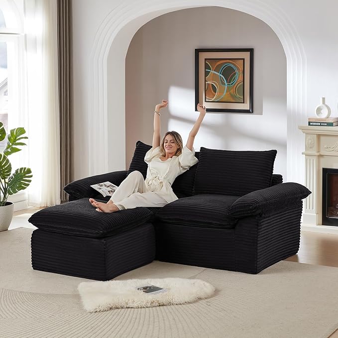 80" Cloud Sectional Couch with L-Shaped Chaise, Corduroy Sectional Sofa with Ottoman, Boneless Couch with Deep Seat in a Box for Living Room, No Assembly Required (Black)