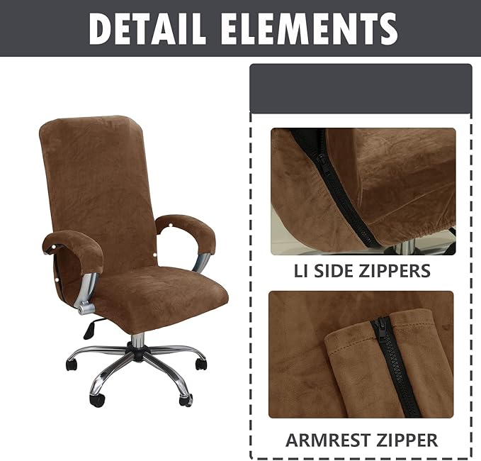 Velvet Plush Stretchable Office Desk Chair Cover - Cat Proof Elastic Comfy Protector for Ergonomic Office Chair with Wheels and Armrests, Fits Mesh and Executive Office Chairs, Removable, Brown, XL