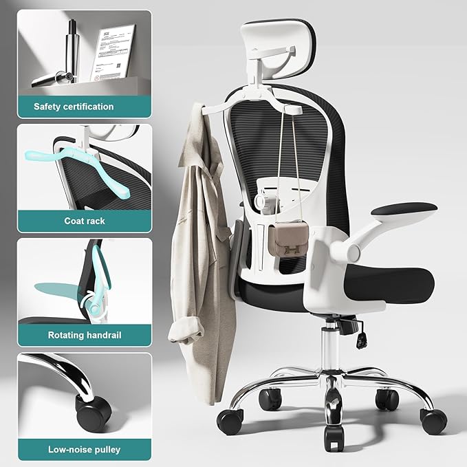 Ergonomic Computer Office Chair - Adjustable Lumbar Support, Headrest, High Back Mesh Desk Chair for Office and Home, 90-120° Reclining Task Chair with Flip-Up Arms (Black)