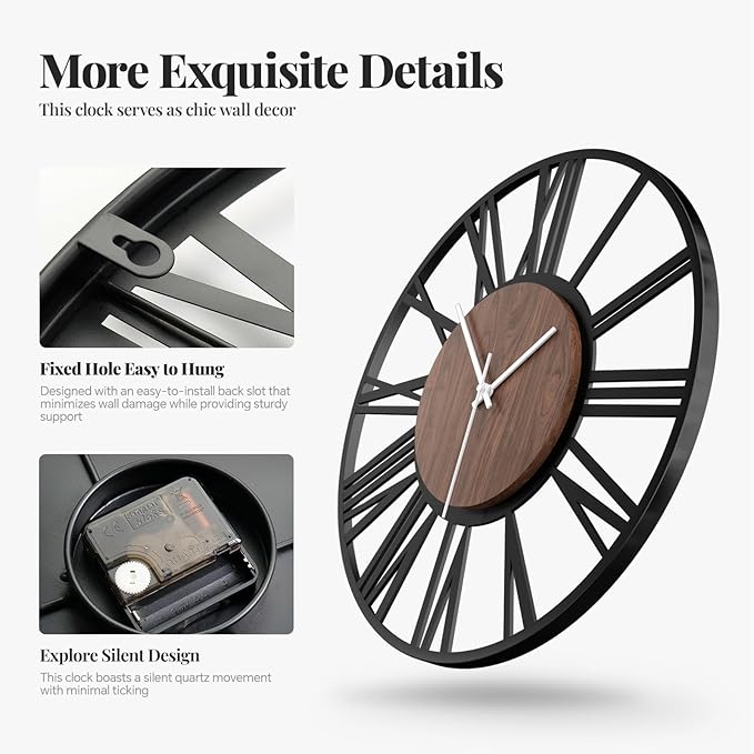 30" Extra Large Wall Clock, Modern Battery Operated Silent Non Ticking 30 inch Decorative Wood Metal Wall Clock, Black Round Big Clocks for Living Room, Bedroom, Kitchen, Office Decor-Roman Numerals