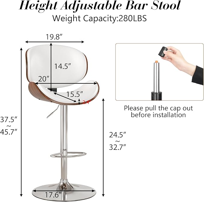 KCC Bar Stools Set of 6, Swivel Adjustable Height Barstools, PU Leather Upholstered Bar Chairs with Footrest, Bentwood Bar Stool for Kitchen, Bar, Dining Room(White PU)