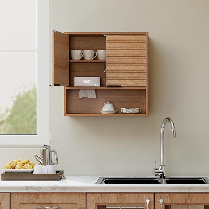 Bathroom Storage Cabinet with Motion Sensor LED Light, Wooden Medicine Cabinet Wall Mounted Cupboard with Disposable Face Towels Hole, Over Toilet Storage Cabinet and Adjustable Shelf (Oak)