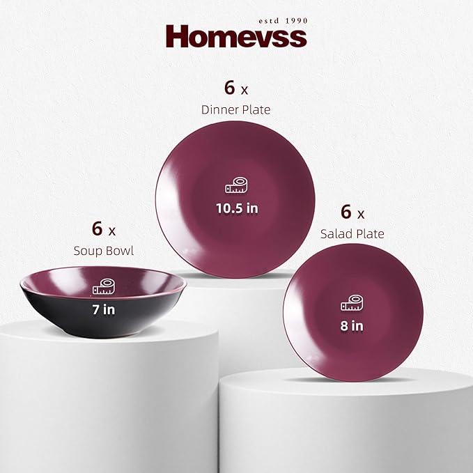 Stoneware Two-Tone Colors Life 18pc Dinner Set，Outside Shiny Black + Inside Matte Glaze Plum