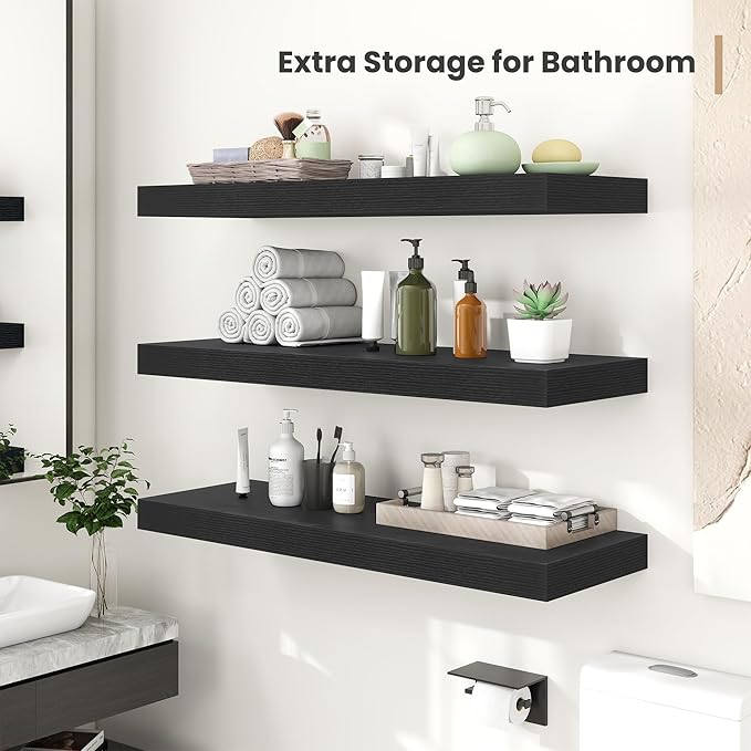 Heimlove 12 Inch Deep Floating Shelves, 48 x 12 inches Long Wall Shelf, Large Display Shelf & Storage Shelf, Rustic Wood Wall Shelves for Fireplace Mantel, Set of 2(Black)