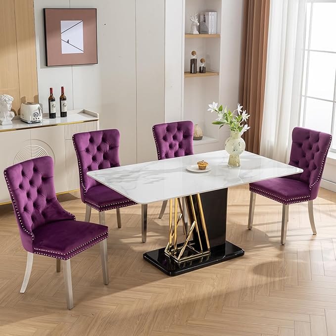 Luxury Upholstered Dining Chairs Set of 2, Purple Kitchen Chair with Silver Metal Legs, Velvet Tufted Back Dining Chair, Sillas de Comedor, Modern Kitchen & Dining Room Chairs (Purple, 2 Pcs)