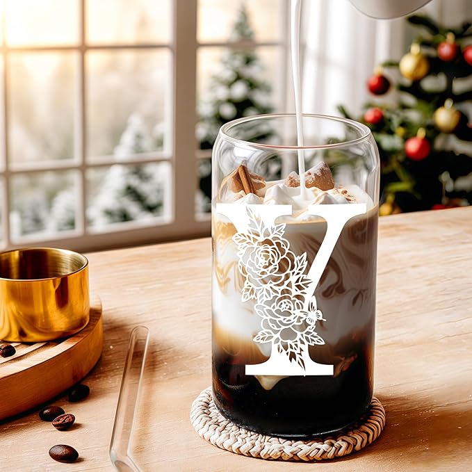 DWTS DANWEITESI Birthday Gifts for Women: Initial Glass Cup as Office Graduation Memorial Holiday Personalized Gifts - for Teacher Employee Nurse Coworkers Bridesmaid Bride - Y Aesthetic Cup